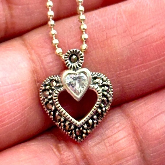 Heart Pendant Sterling Silver Necklace Marcasite 5g 17’ Bead Ball Chain 5511 - Picture 1 of 13